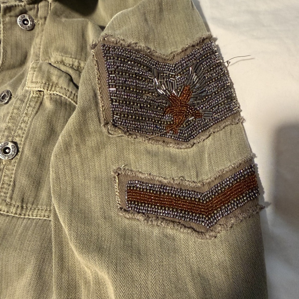 Free People Embellished Military Shirt Jacket Olive Green Beaded Utility - Picture 9 of 10